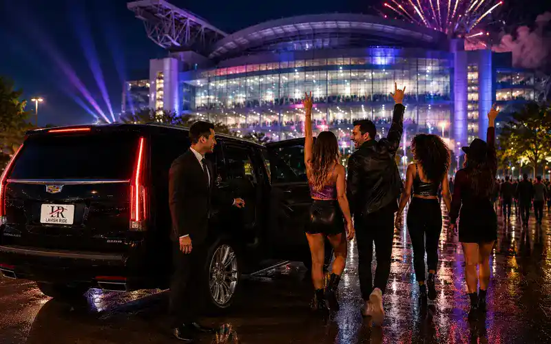 Luxury SUV concert transportation service at NRG Stadium in Houston with guests arriving for a live event.